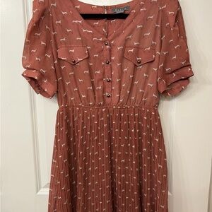 Gracia Women's Rust Mini Dress with Dog Pattern and Pleated Skirt